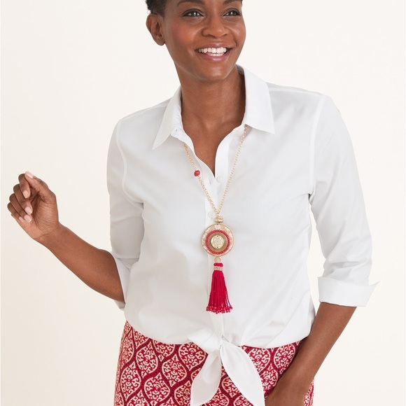 Chico’s White Button Down Front Tie 3/4 Sleeve Blouse - Picture 1 of 14